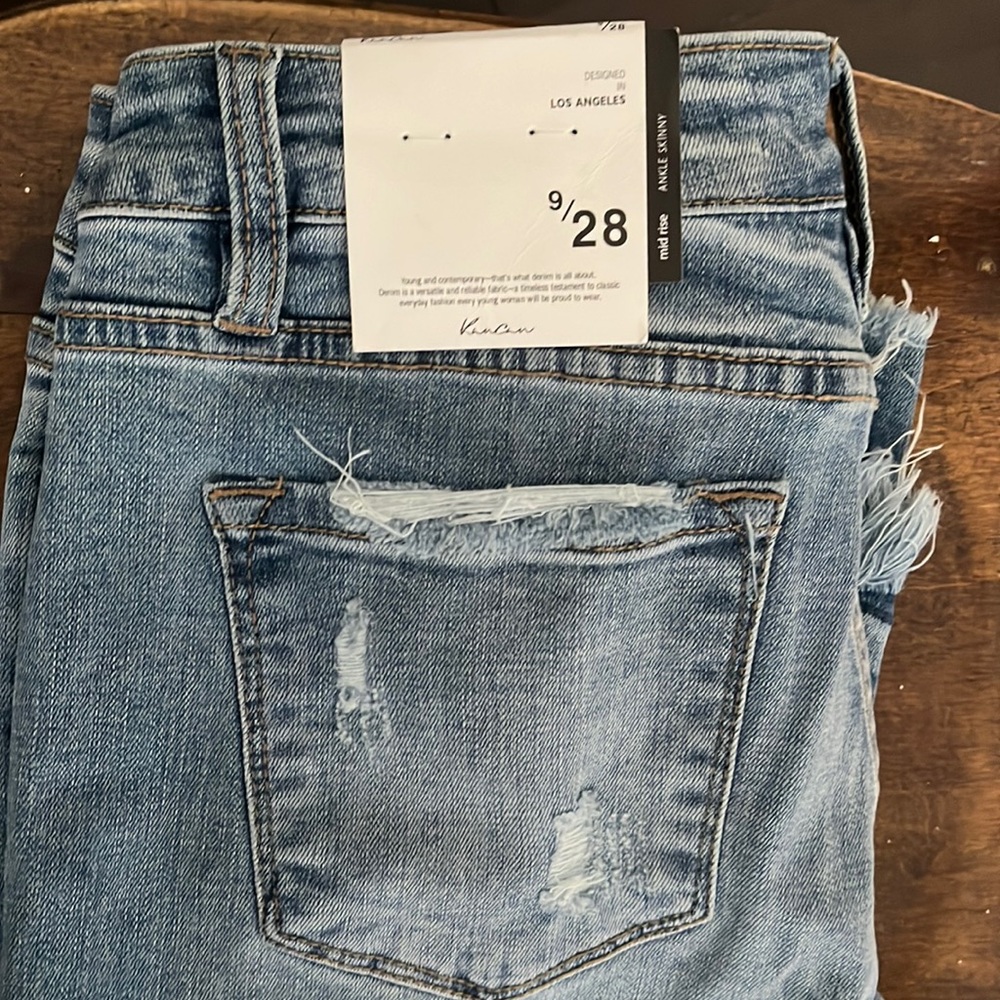 Size 9/28 Kancan midrise ankle skinny distressed jeans.  So comfy. Comfortable.